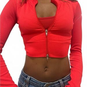 Vibrant Red Zip-Up Ribbed Crop Jacket